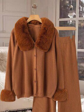 Camel Casual Women's Faux Fur Collar Knitted Cardigan & Wide Leg Pants